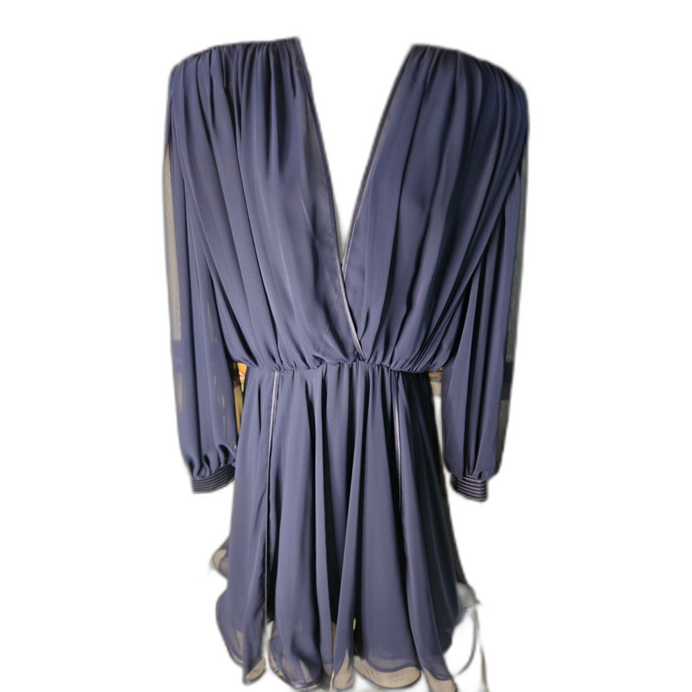 Wayne Clark Vintage Navy Blue Chiffon Dress Sz M Layered Sheer LIned Scarf Flowy - Picture 4 of 10